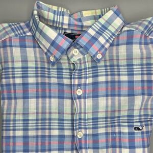 Vineyard Vines Mens Slim Fit Tucker Shirt Blue Pink Plaid Long Sleeve Size Large